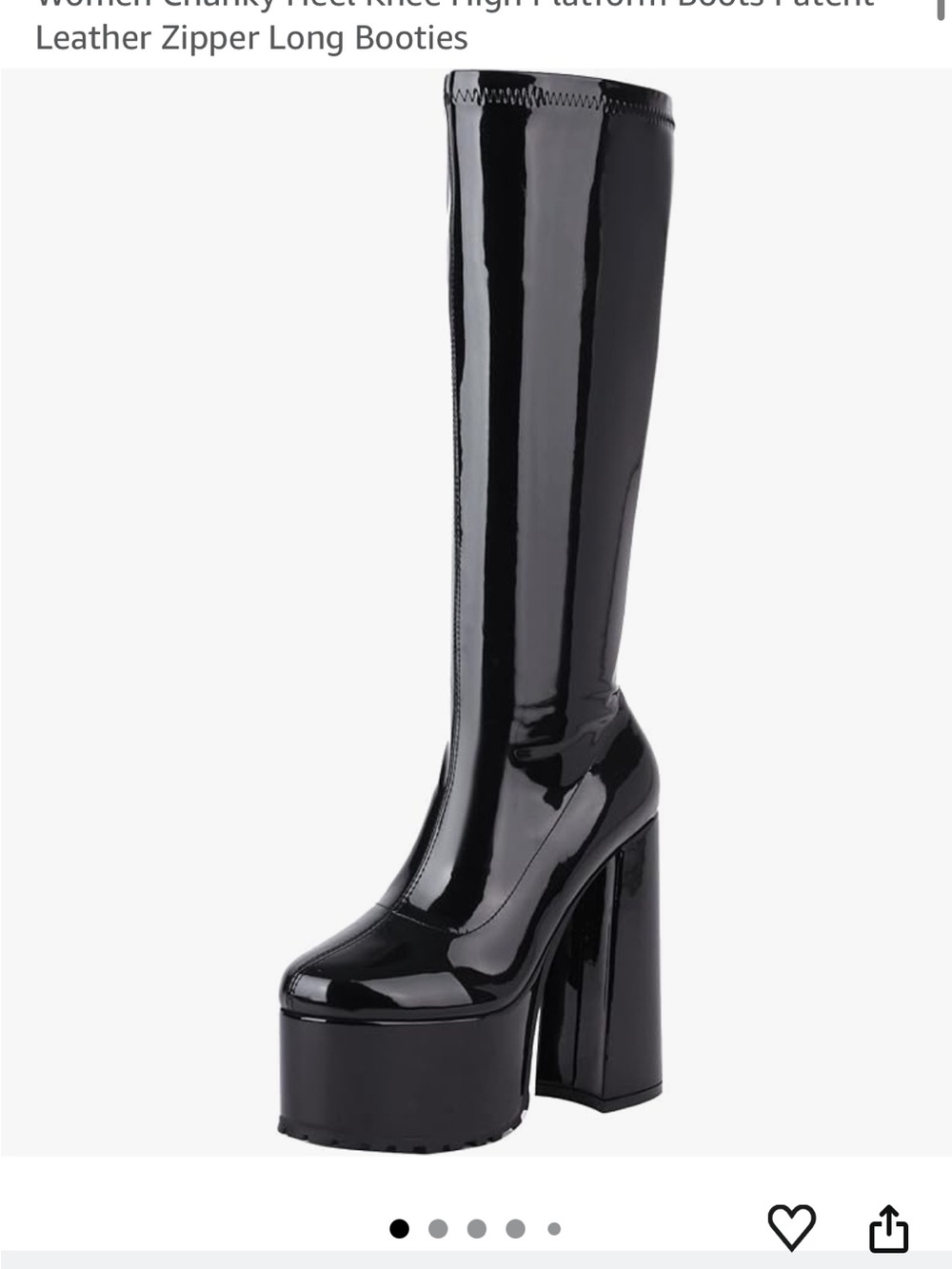 Vivianly Black Patent Platform Knee-High Boots with Chunky Heel 9.5